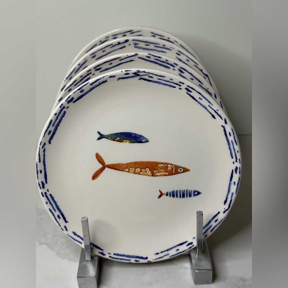 4 Papart Seramik 8” SALAD PLATES Fish Coastal Nautical Hand Painted Turkey New - Picture 4 of 11